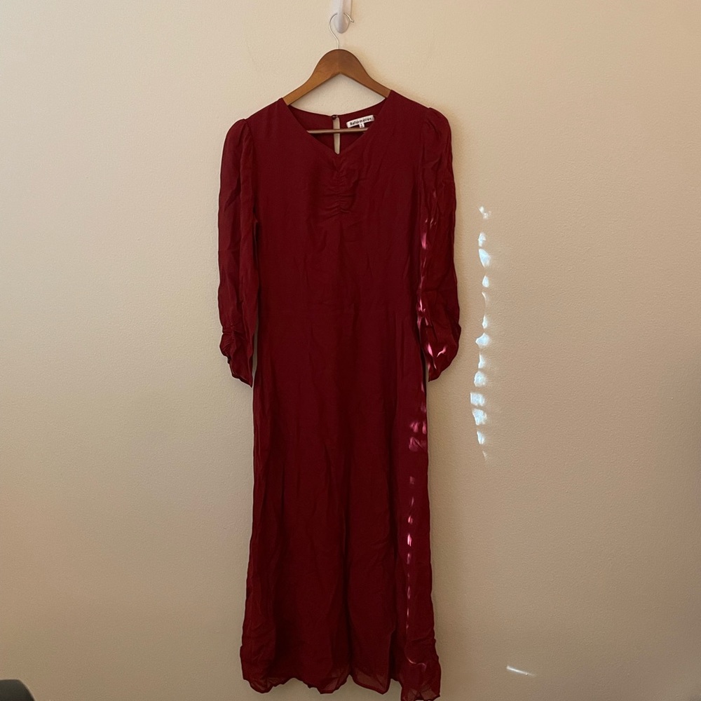 NWT Reformation Chianti Red High Slit Ruched Lined Semi Sheer Midi Dress Size 8